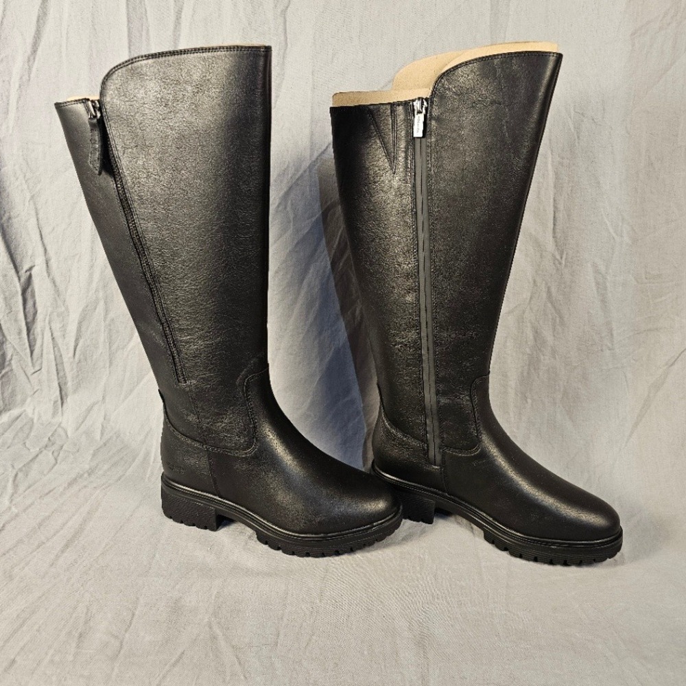 Rockport Ivette Women Black Leather Hydro-Shield Waterproof Tall Boots Wide Calf